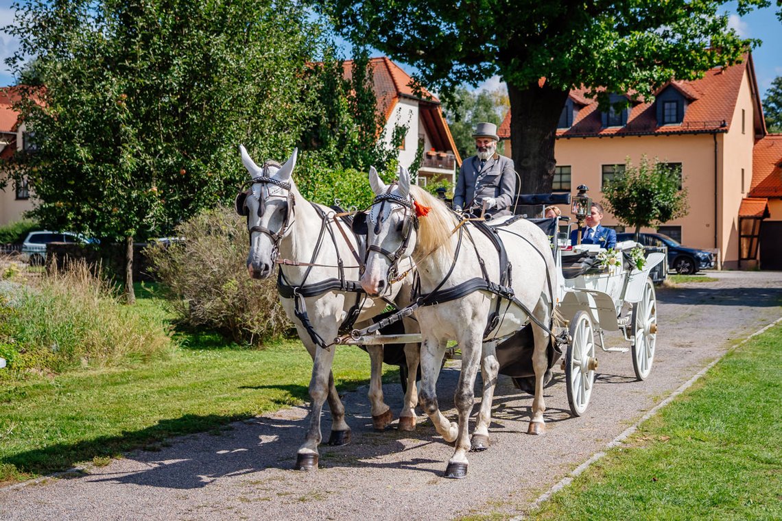 Brautpaar in weißer Hochzeitskutsche