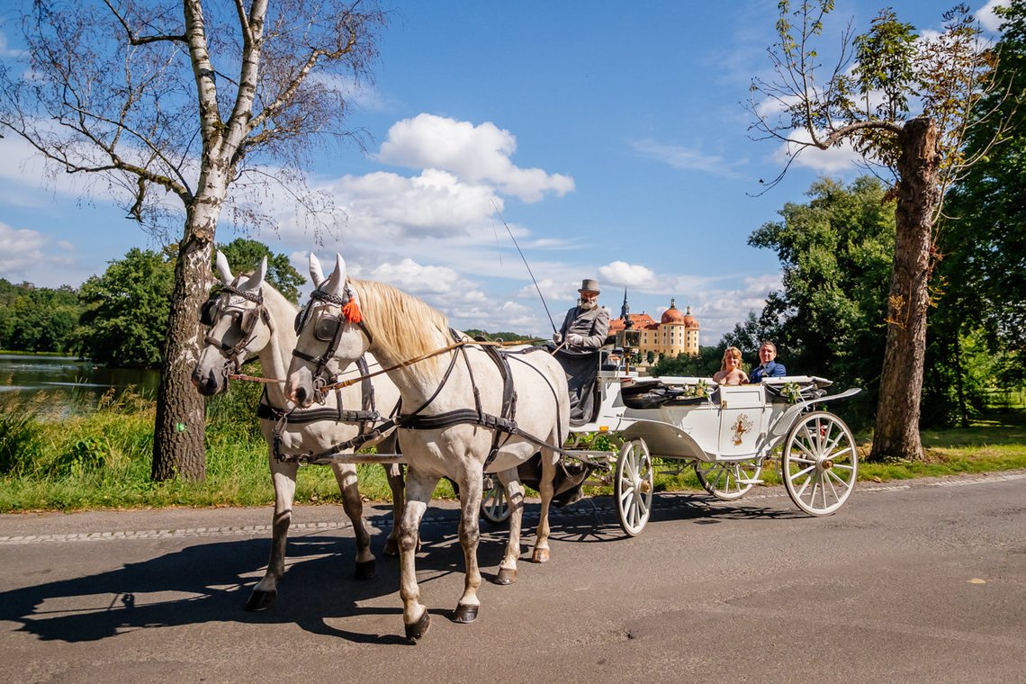 Brautpaar in weißer Hochzeitskutsche